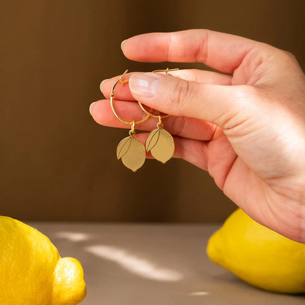 Hoop Earrings with Lemon Pendant - Gold-Plated Silver