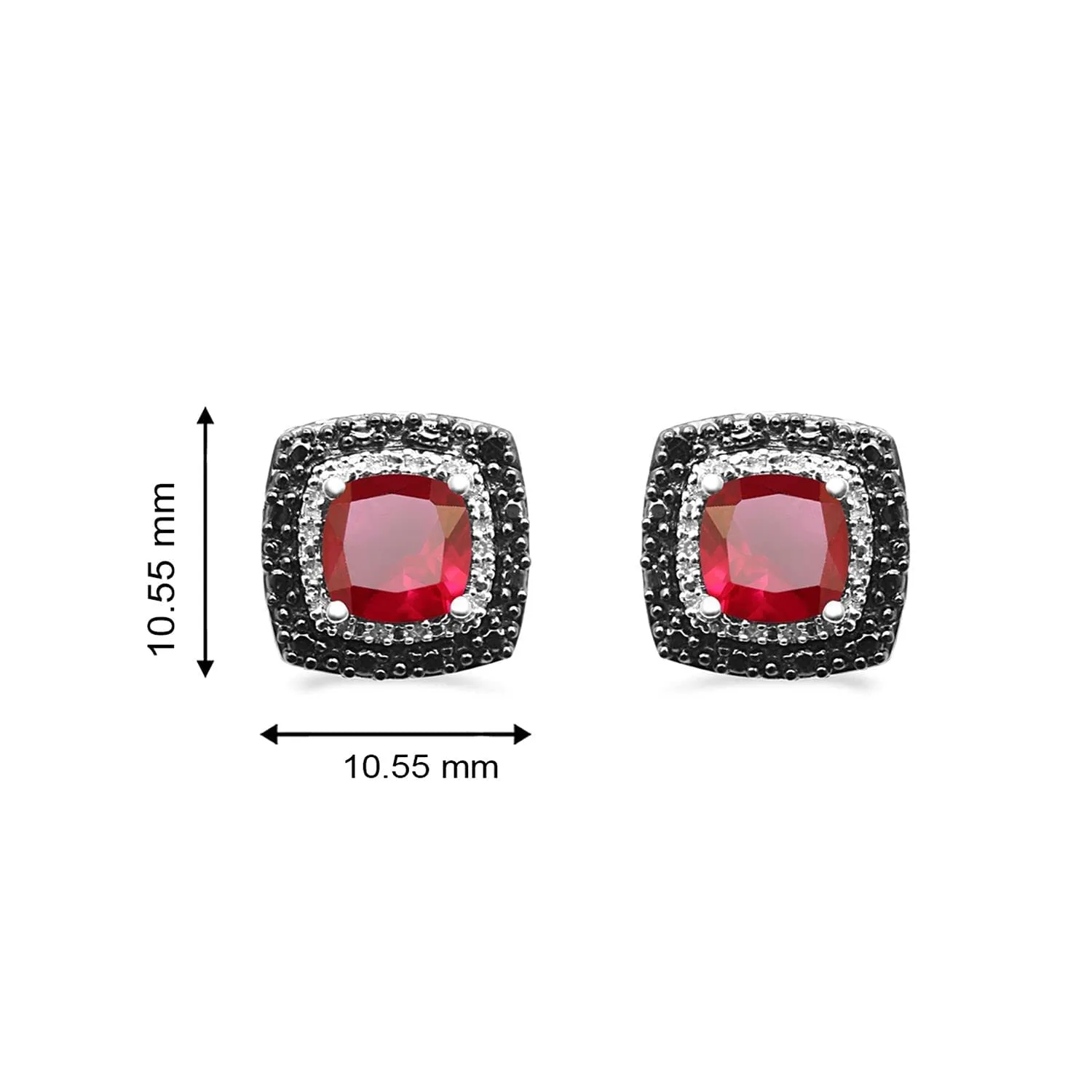 Jewelili Sterling Silver Created Ruby with Treated Black Diamonds and White Diamonds Stud Earrings
