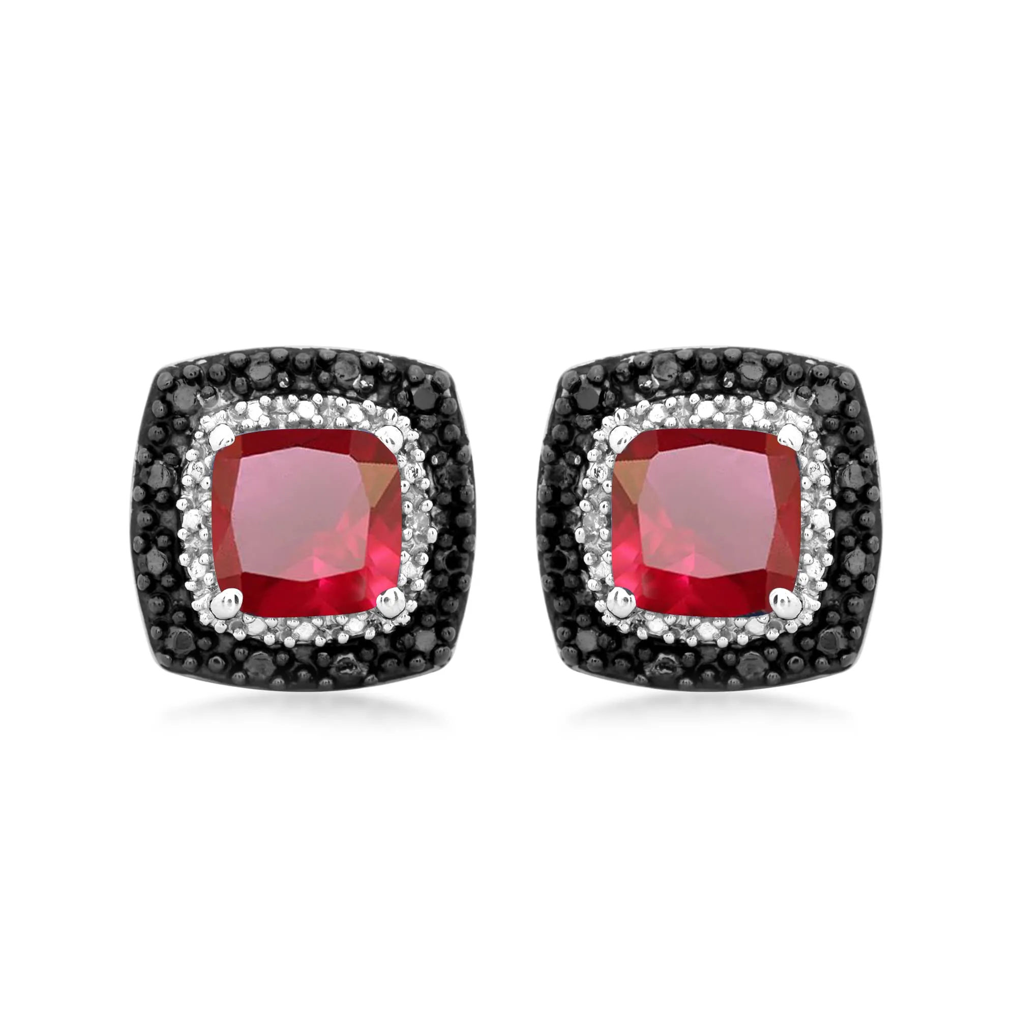 Jewelili Sterling Silver Created Ruby with Treated Black Diamonds and White Diamonds Stud Earrings