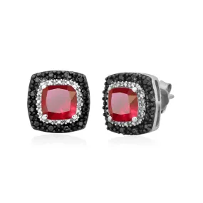 Jewelili Sterling Silver Created Ruby with Treated Black Diamonds and White Diamonds Stud Earrings