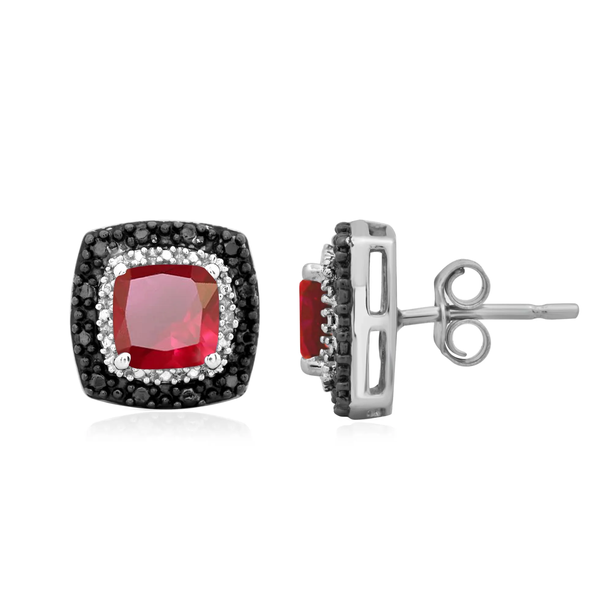 Jewelili Sterling Silver Created Ruby with Treated Black Diamonds and White Diamonds Stud Earrings