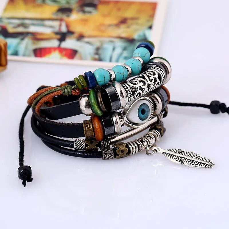 Jewelry Beaded Multi-Layer Blue Eyes Cattle Leather Bracelet Ethnic Style Feather Pendant Student Bracelet