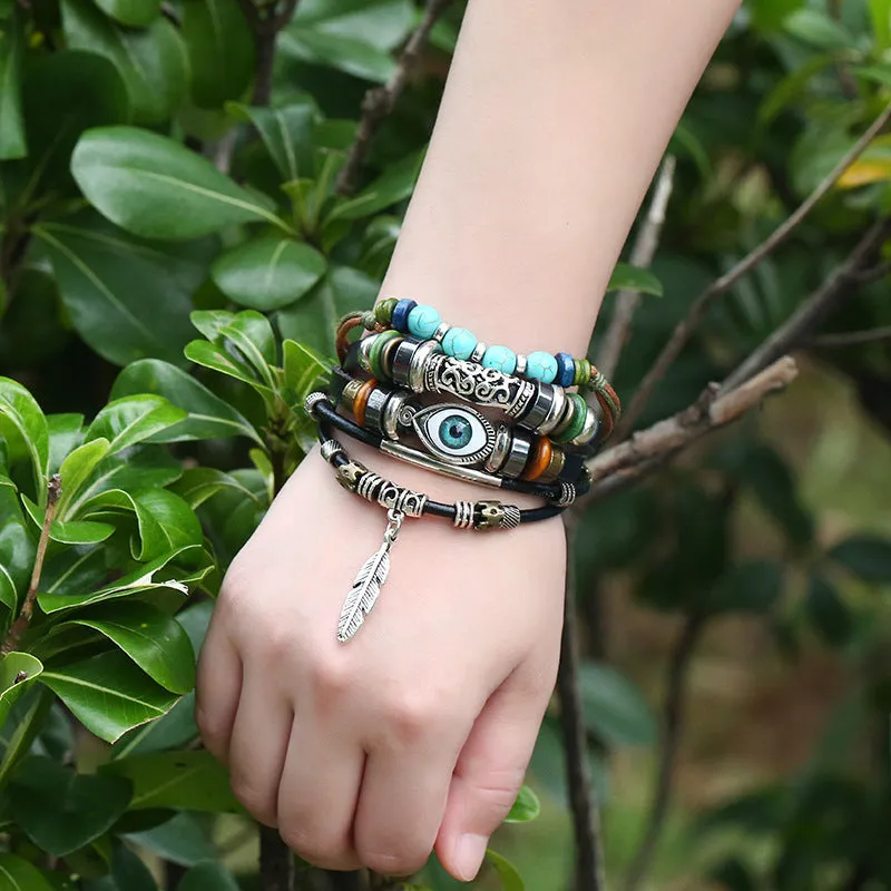 Jewelry Beaded Multi-Layer Blue Eyes Cattle Leather Bracelet Ethnic Style Feather Pendant Student Bracelet