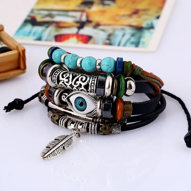Jewelry Beaded Multi-Layer Blue Eyes Cattle Leather Bracelet Ethnic Style Feather Pendant Student Bracelet