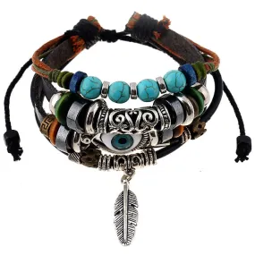 Jewelry Beaded Multi-Layer Blue Eyes Cattle Leather Bracelet Ethnic Style Feather Pendant Student Bracelet