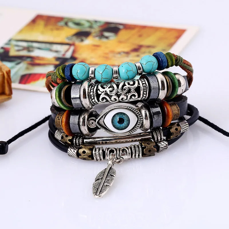 Jewelry Beaded Multi-Layer Blue Eyes Cattle Leather Bracelet Ethnic Style Feather Pendant Student Bracelet