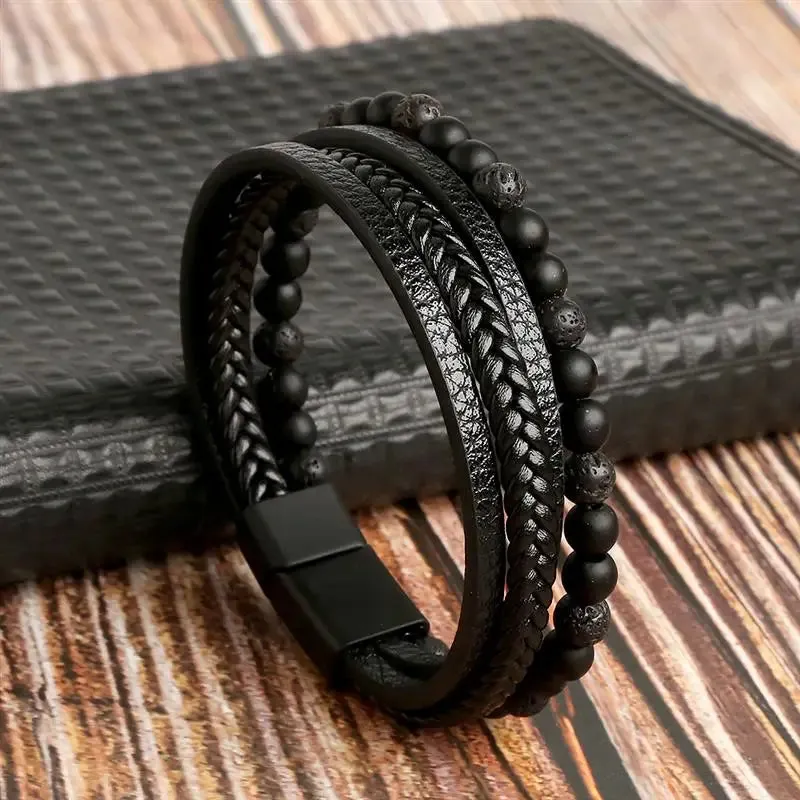 Jiayiqi New Leather Bracelet Men Classic Fashion Tiger Eye Beaded Multi Layer Leather Bracelet For Men Jewelry Gift Dropshipping
