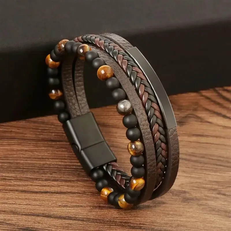 Jiayiqi New Leather Bracelet Men Classic Fashion Tiger Eye Beaded Multi Layer Leather Bracelet For Men Jewelry Gift Dropshipping