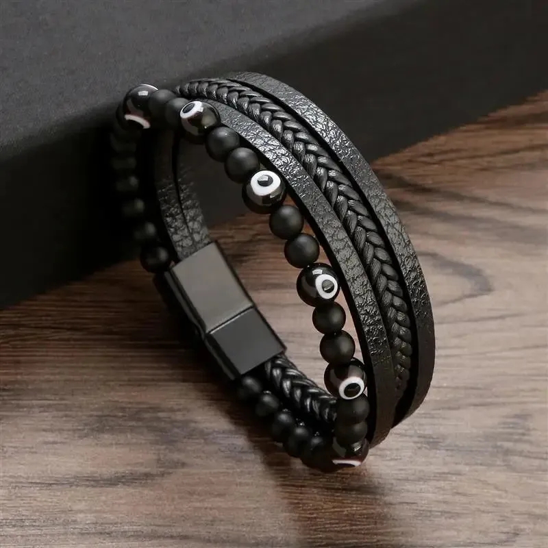 Jiayiqi New Leather Bracelet Men Classic Fashion Tiger Eye Beaded Multi Layer Leather Bracelet For Men Jewelry Gift Dropshipping
