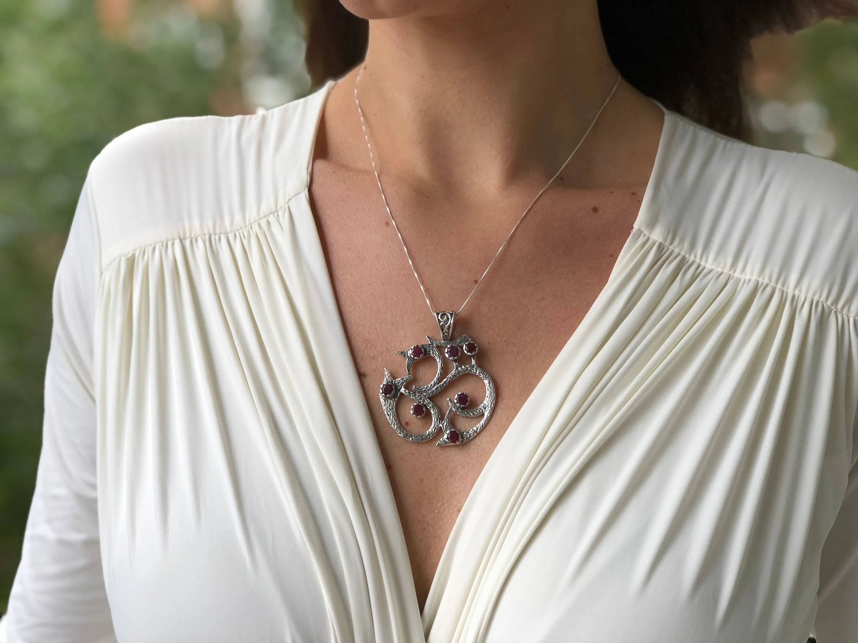 Large Om Pendant - Statement Buddhist Necklace - Dragon Ruby Necklace