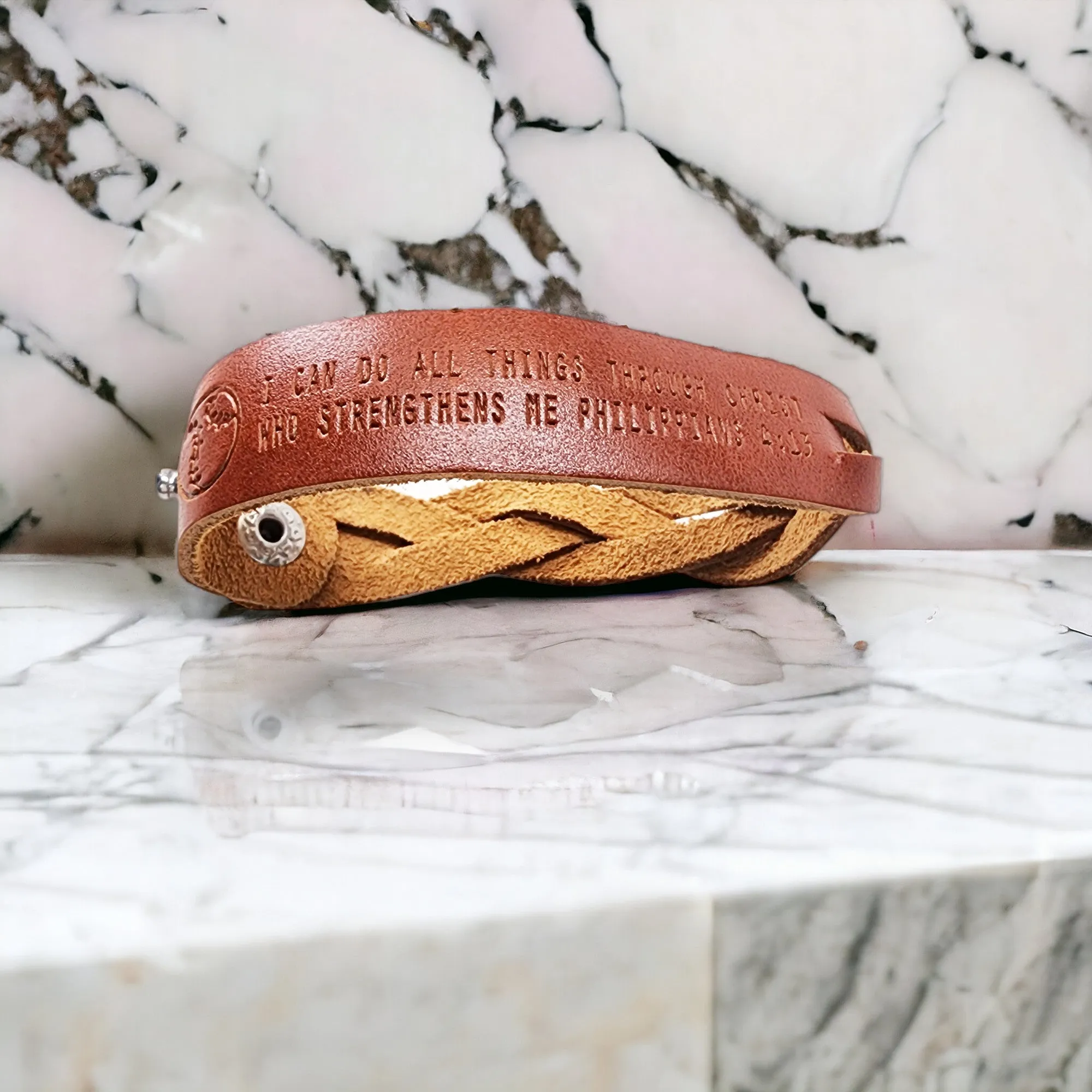 Leather Bracelet Braided Baseball - Softball Philippians 4:13 -Stamped