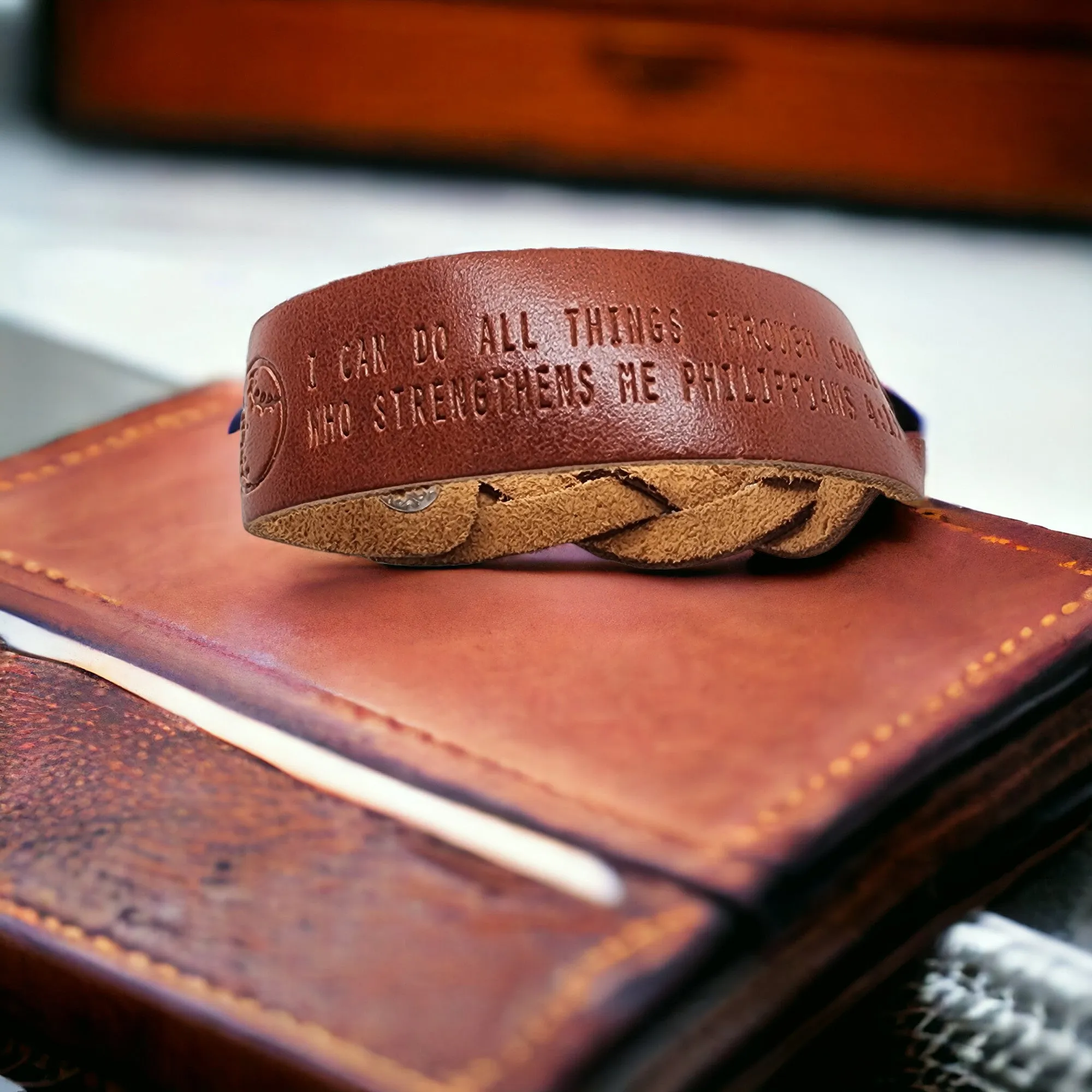 Leather Bracelet Braided Baseball - Softball Philippians 4:13 -Stamped