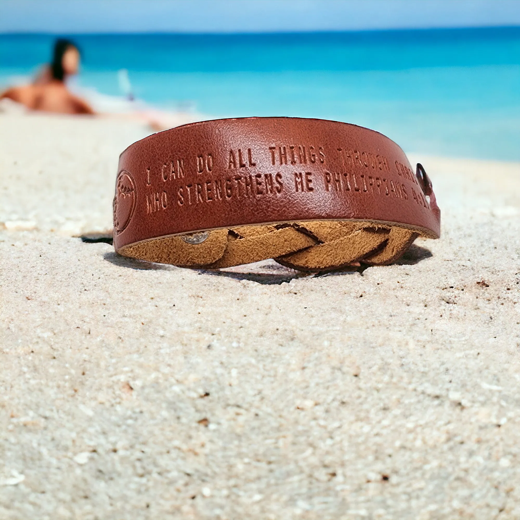 Leather Bracelet Braided Baseball - Softball Philippians 4:13 -Stamped