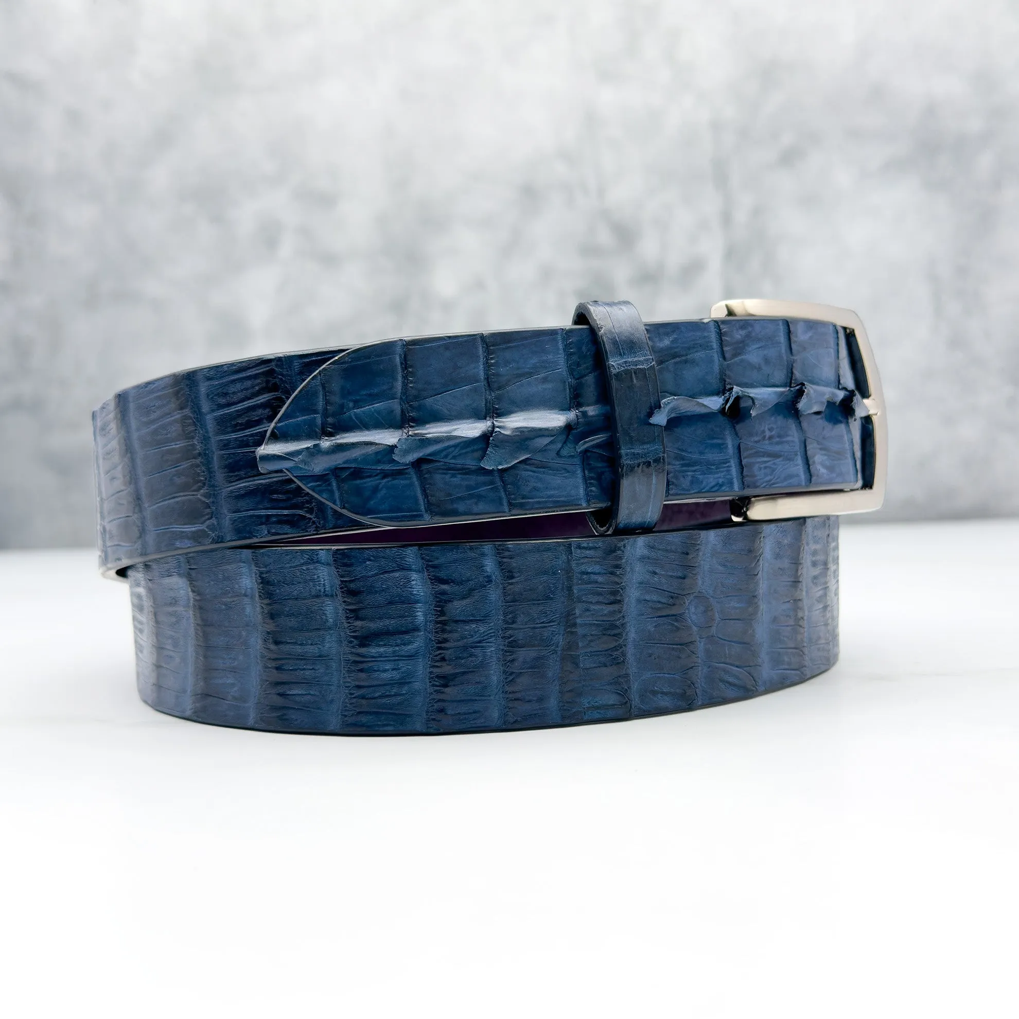 Matte Caiman Hornback with Horn Tips Belt: Navy