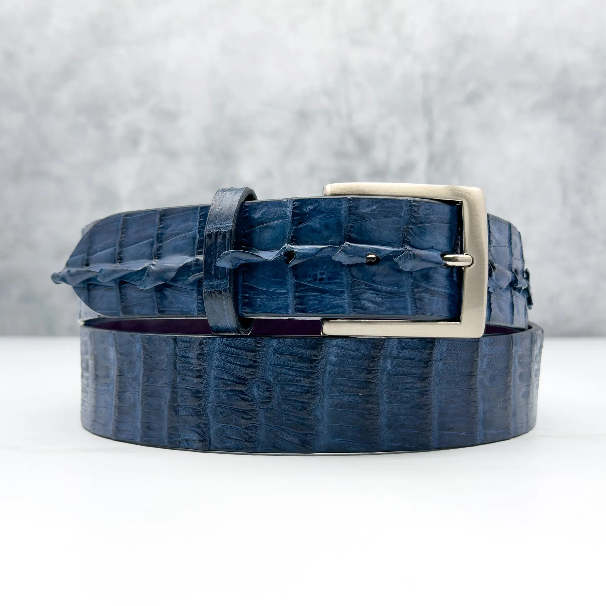 Matte Caiman Hornback with Horn Tips Belt: Navy