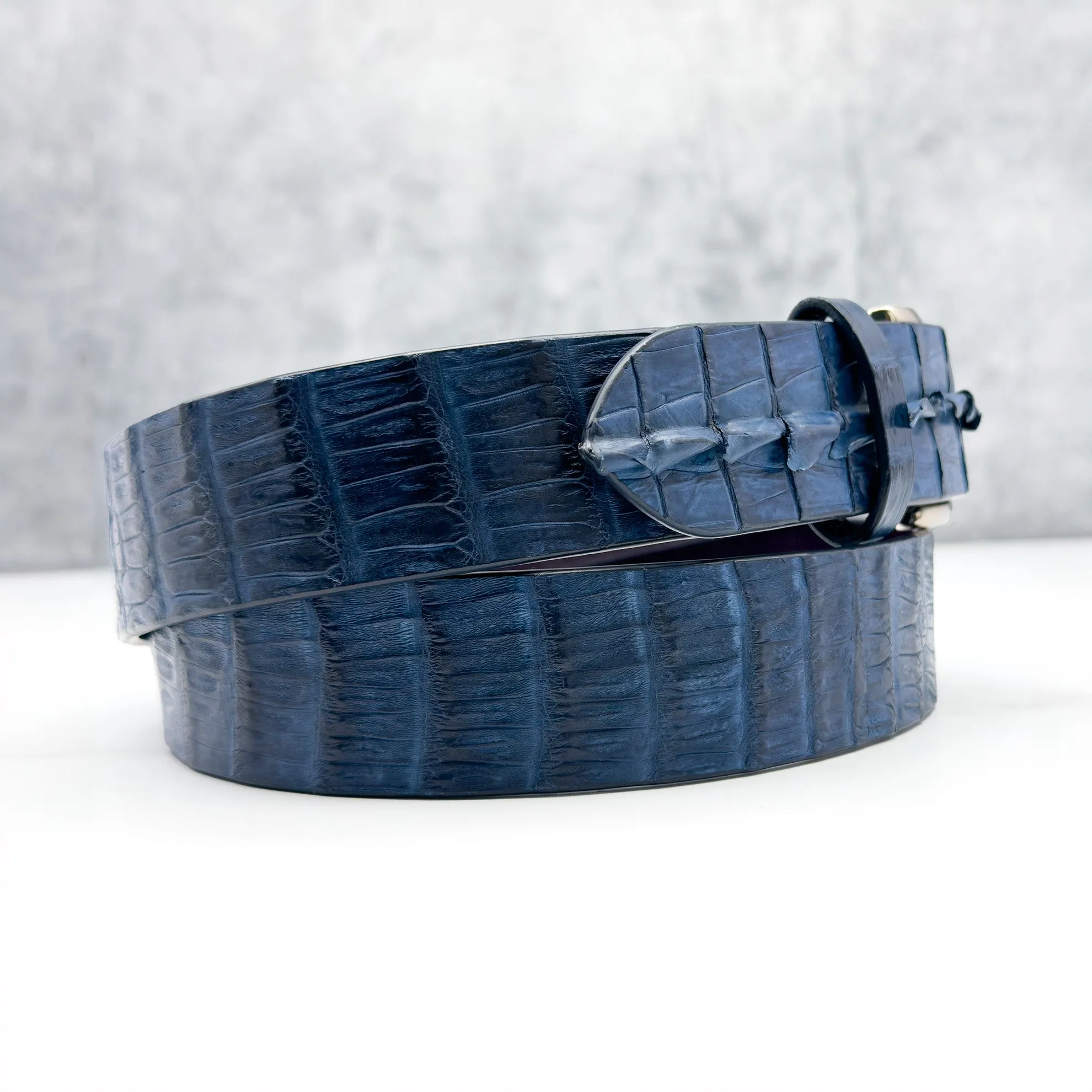 Matte Caiman Hornback with Horn Tips Belt: Navy