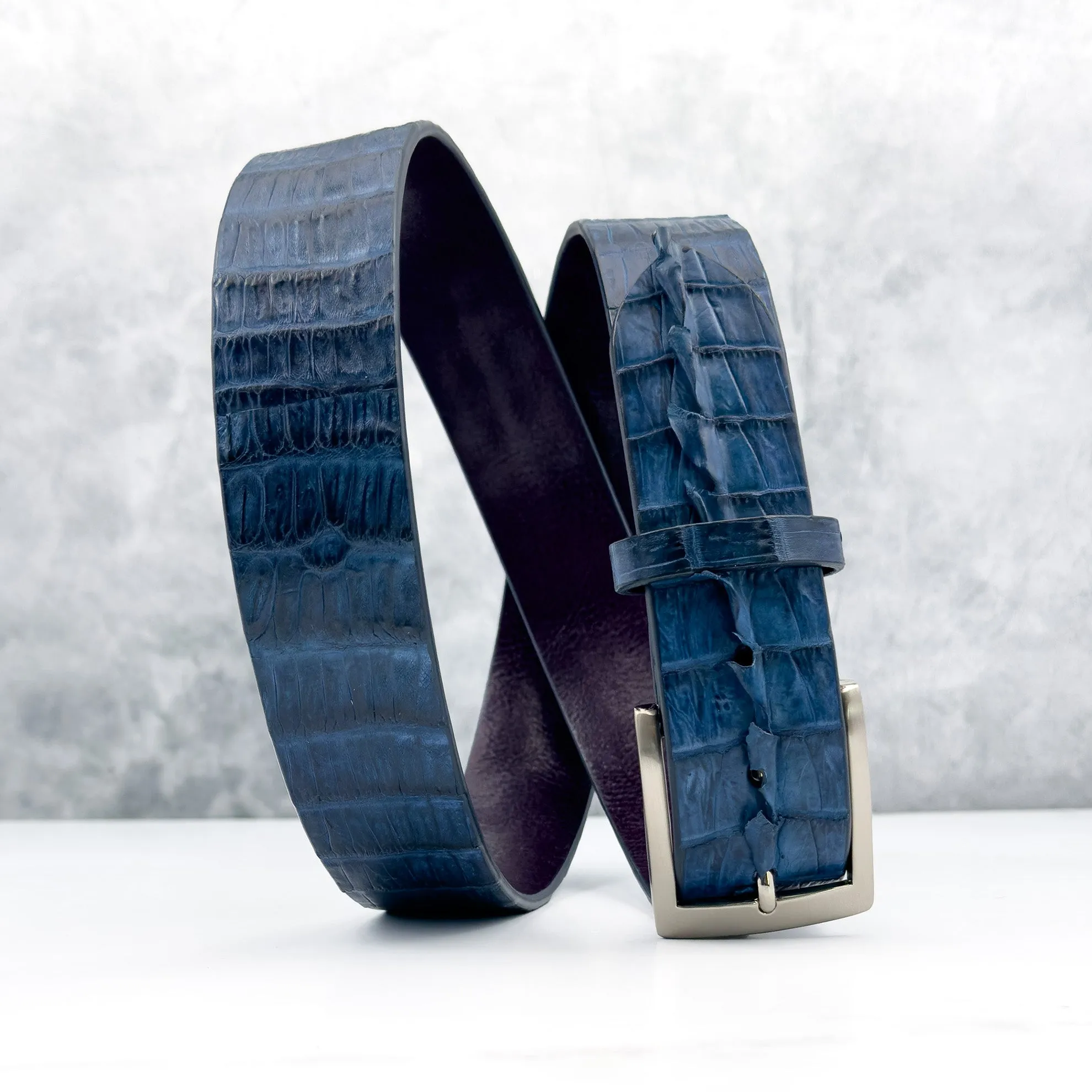 Matte Caiman Hornback with Horn Tips Belt: Navy