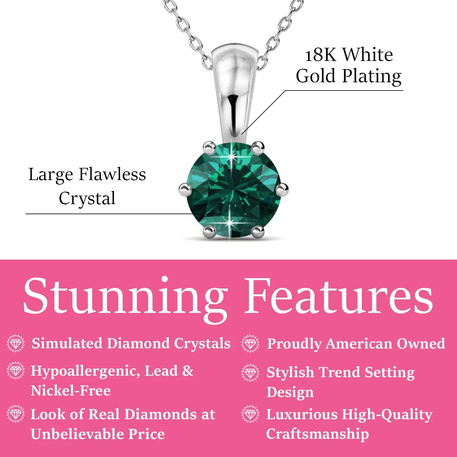 May Birthstone Emerald Necklace 18k White Gold Plated Solitaire Necklace with 1CT Swarovski Crystal