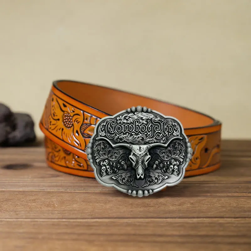 Men's DIY Cowboy Gothic Skull Bull Buckle Leather Belt