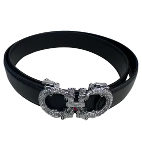 Men's Fashion Design Black Belt Genuine Leather Sliver Diamonds Stone Buckle
