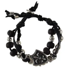 Mens Multi Bead Deerskin Leather Bracelet with Fleur De Lys Shield