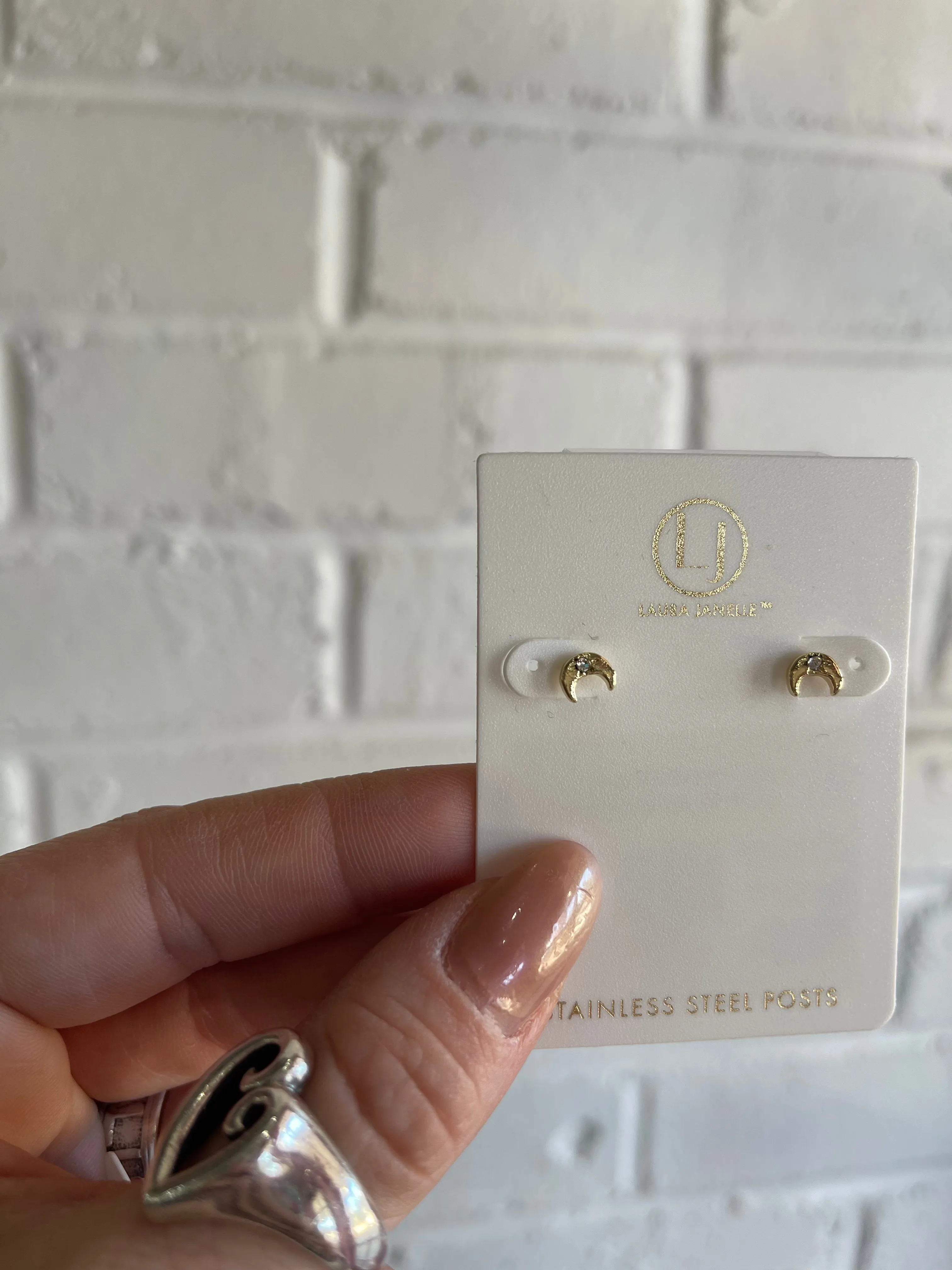 Mini Diamond Crescent Moon Stud Earrings Gold