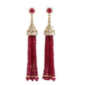 Natural Ruby Beads Pavve Diamond Tassel Earrings In 18k Yellow Gold