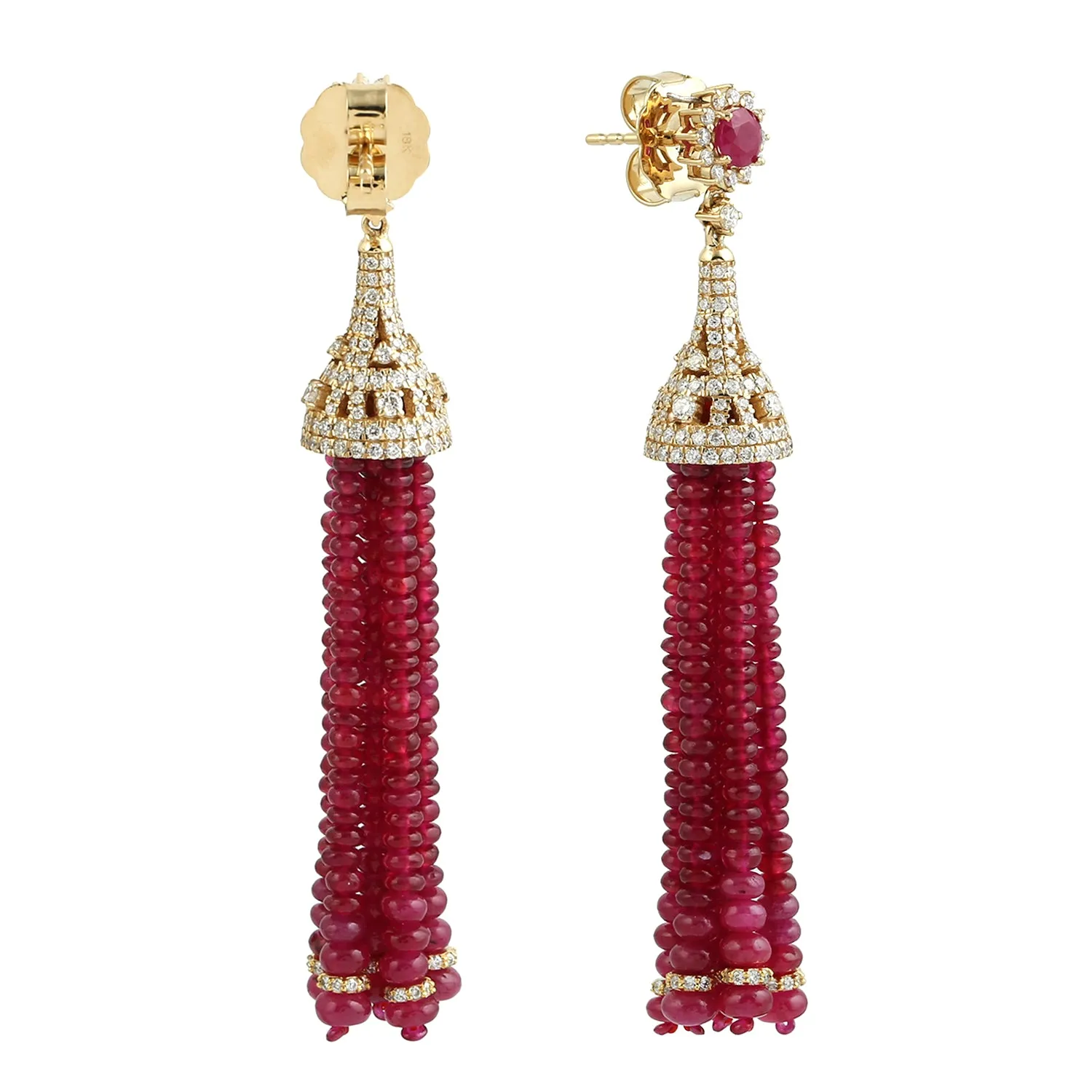 Natural Ruby Beads Pavve Diamond Tassel Earrings In 18k Yellow Gold