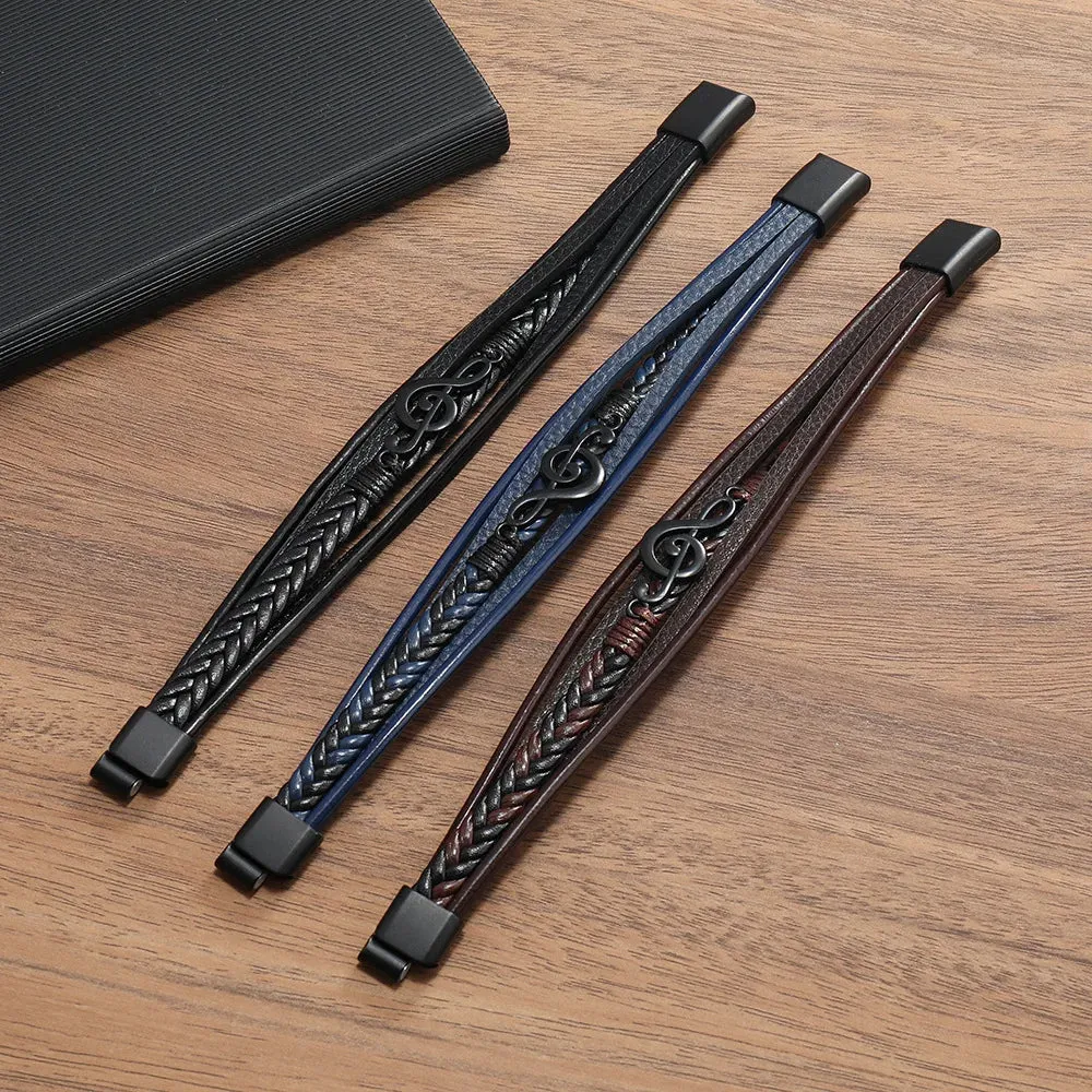New Vintage Creative Men's Bracelet Retro Music Symbol Fashion Leather Multi Layer Bracelet Magnetic Snap Men's Jewelry