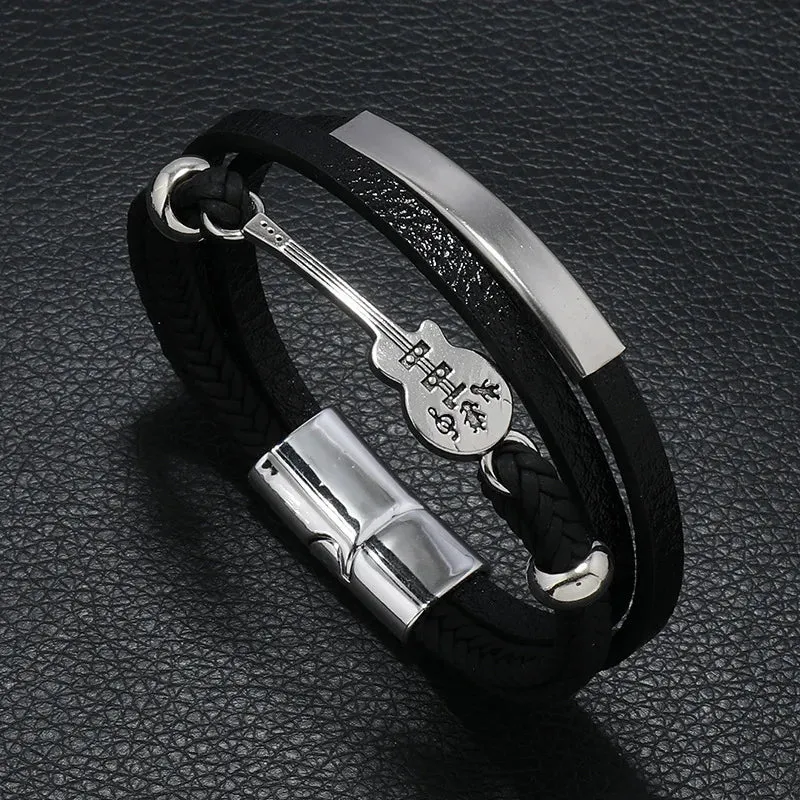 New Vintage Creative Men's Bracelet Retro Music Symbol Fashion Leather Multi Layer Bracelet Magnetic Snap Men's Jewelry