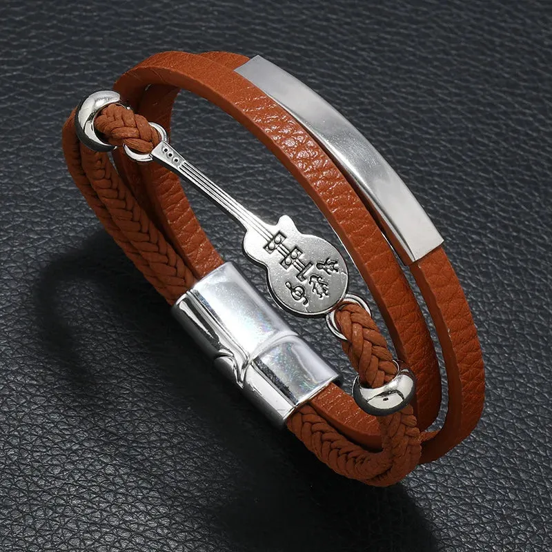 New Vintage Creative Men's Bracelet Retro Music Symbol Fashion Leather Multi Layer Bracelet Magnetic Snap Men's Jewelry