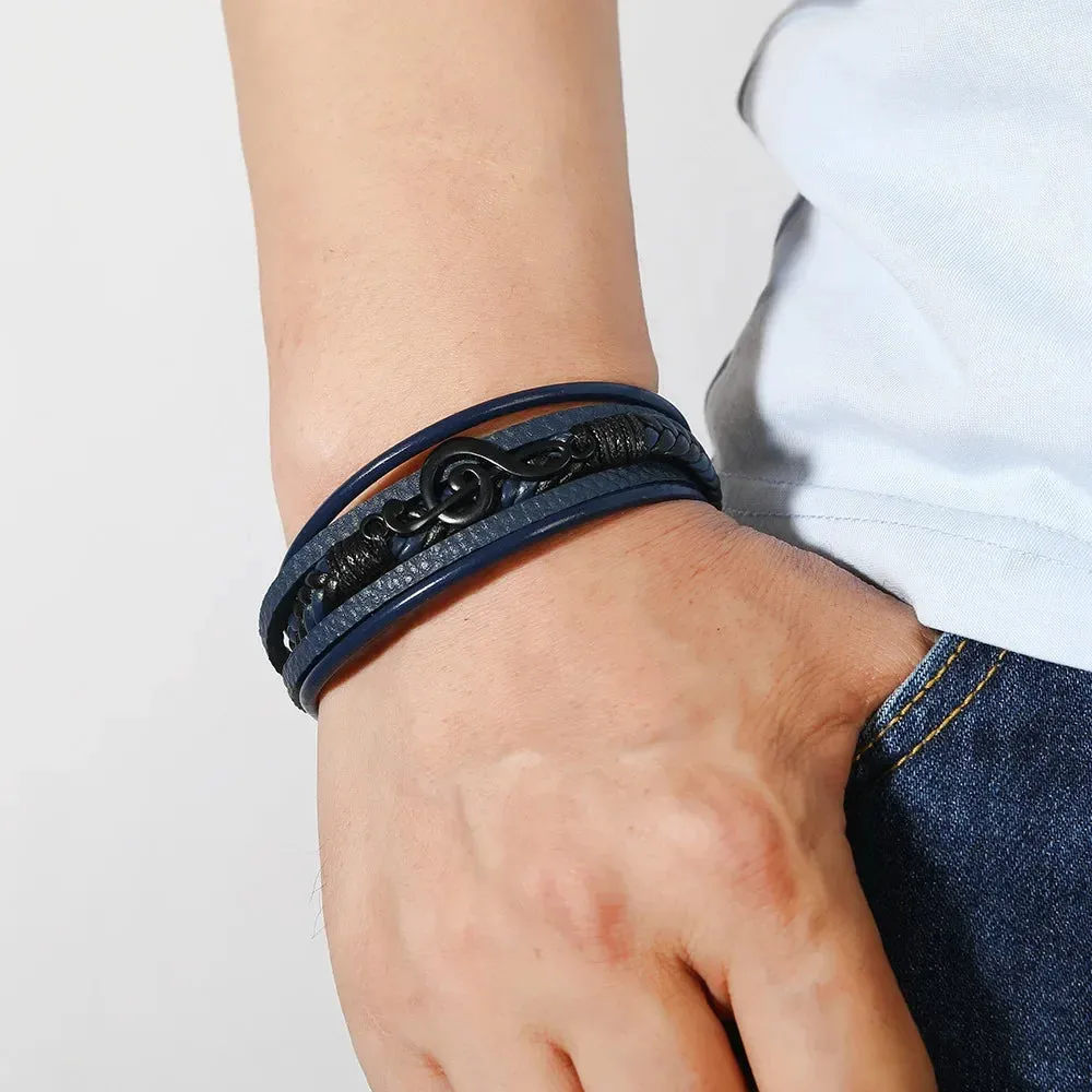 New Vintage Creative Men's Bracelet Retro Music Symbol Fashion Leather Multi Layer Bracelet Magnetic Snap Men's Jewelry