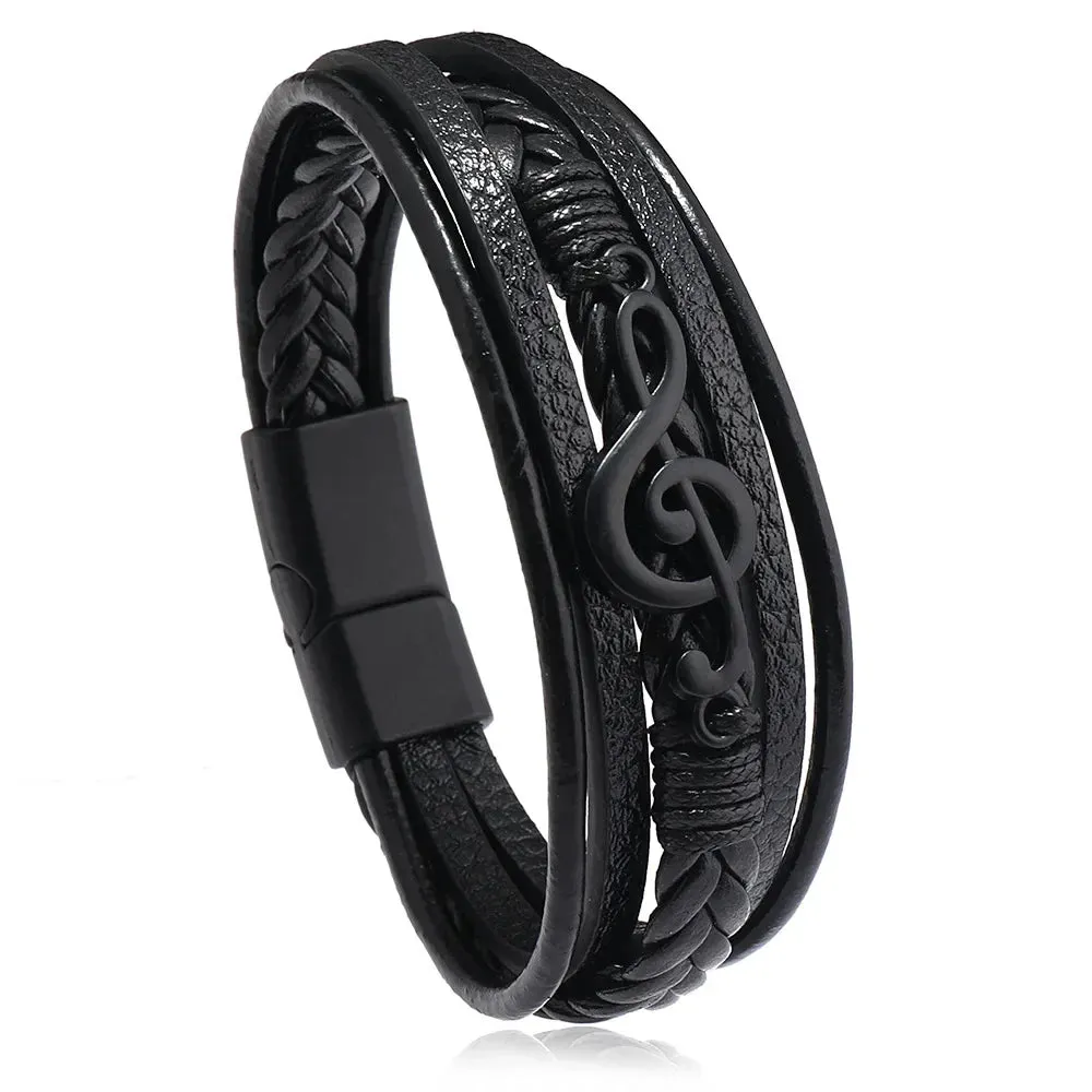 New Vintage Creative Men's Bracelet Retro Music Symbol Fashion Leather Multi Layer Bracelet Magnetic Snap Men's Jewelry