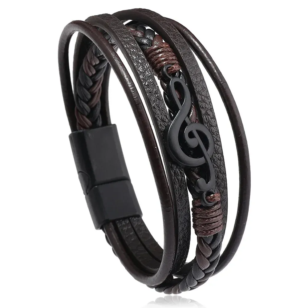 New Vintage Creative Men's Bracelet Retro Music Symbol Fashion Leather Multi Layer Bracelet Magnetic Snap Men's Jewelry