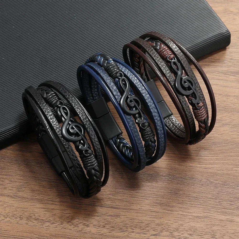New Vintage Creative Men's Bracelet Retro Music Symbol Fashion Leather Multi Layer Bracelet Magnetic Snap Men's Jewelry