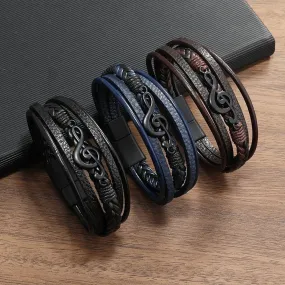 New Vintage Creative Men's Bracelet Retro Music Symbol Fashion Leather Multi Layer Bracelet Magnetic Snap Men's Jewelry