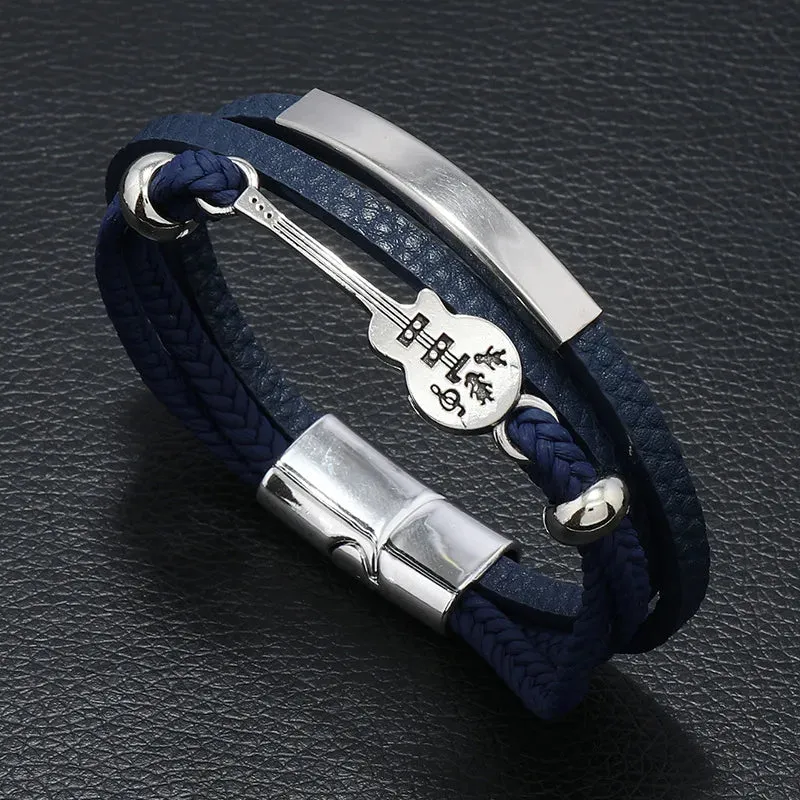 New Vintage Creative Men's Bracelet Retro Music Symbol Fashion Leather Multi Layer Bracelet Magnetic Snap Men's Jewelry