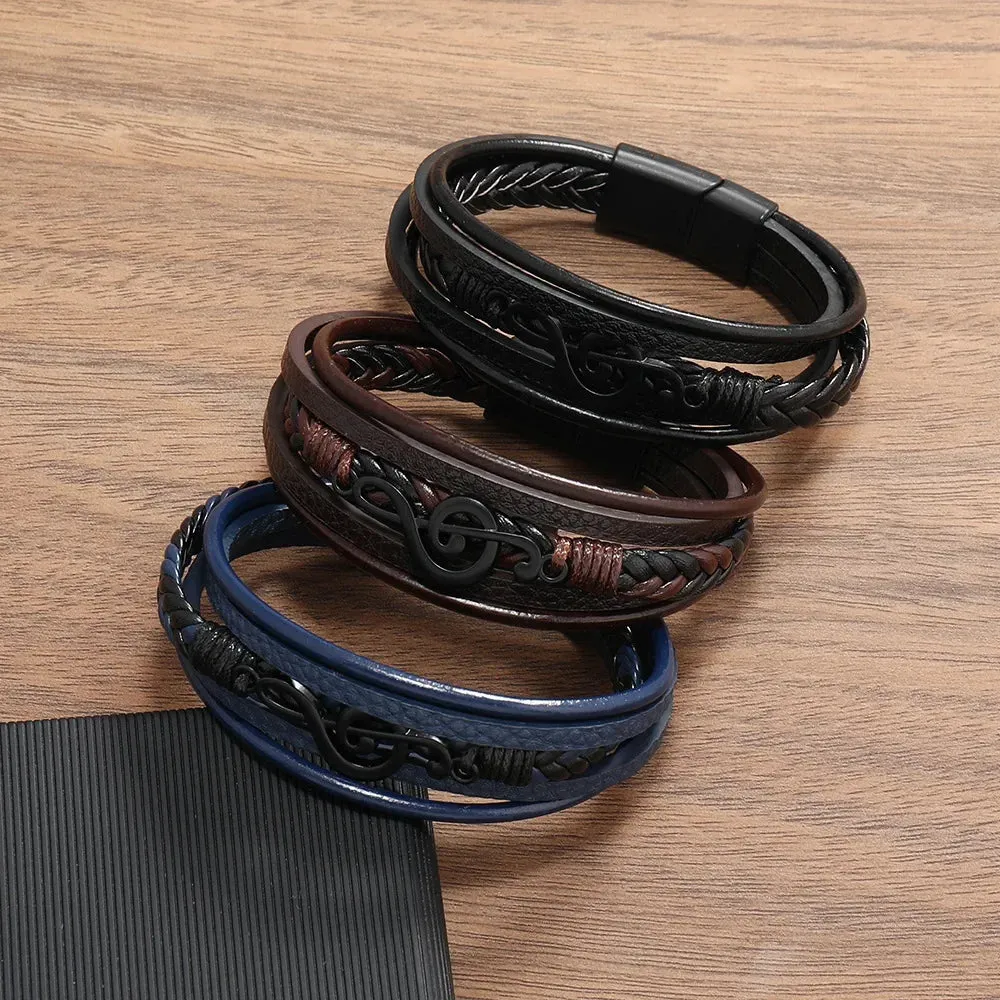 New Vintage Creative Men's Bracelet Retro Music Symbol Fashion Leather Multi Layer Bracelet Magnetic Snap Men's Jewelry