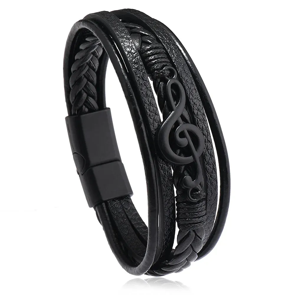 New Vintage Creative Men's Bracelet Retro Music Symbol Fashion Leather Multi Layer Bracelet Magnetic Snap Men's Jewelry