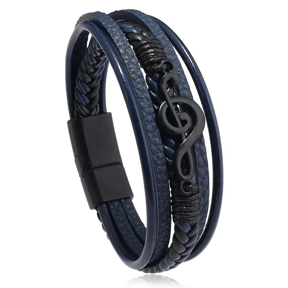 New Vintage Creative Men's Bracelet Retro Music Symbol Fashion Leather Multi Layer Bracelet Magnetic Snap Men's Jewelry