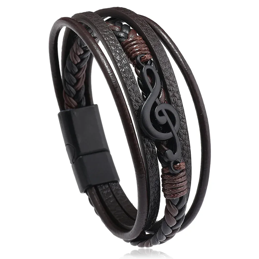 New Vintage Creative Men's Bracelet Retro Music Symbol Fashion Leather Multi Layer Bracelet Magnetic Snap Men's Jewelry