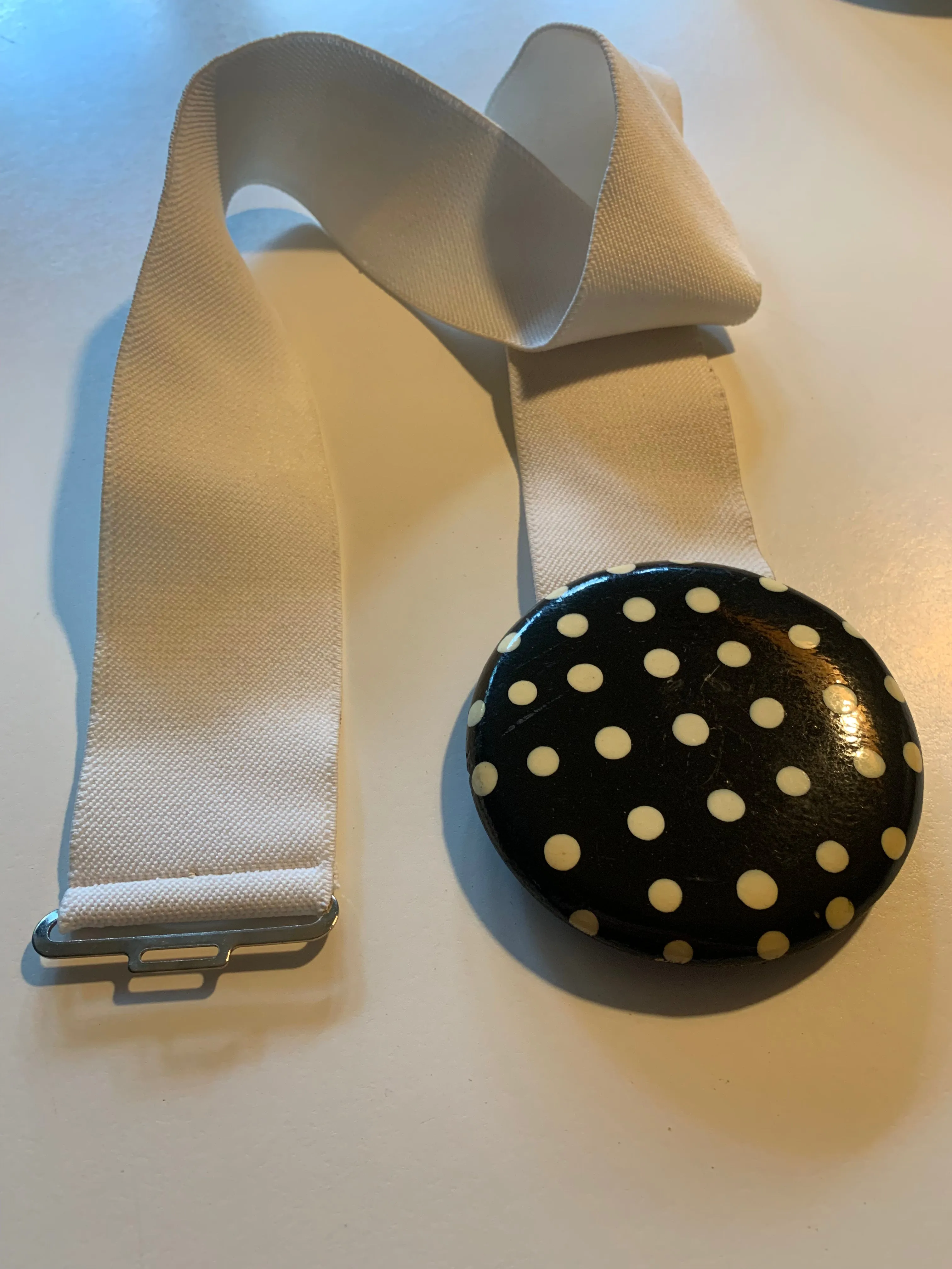 New Wave White Elastic Belt with Polka Dot Clasp circa 1980s