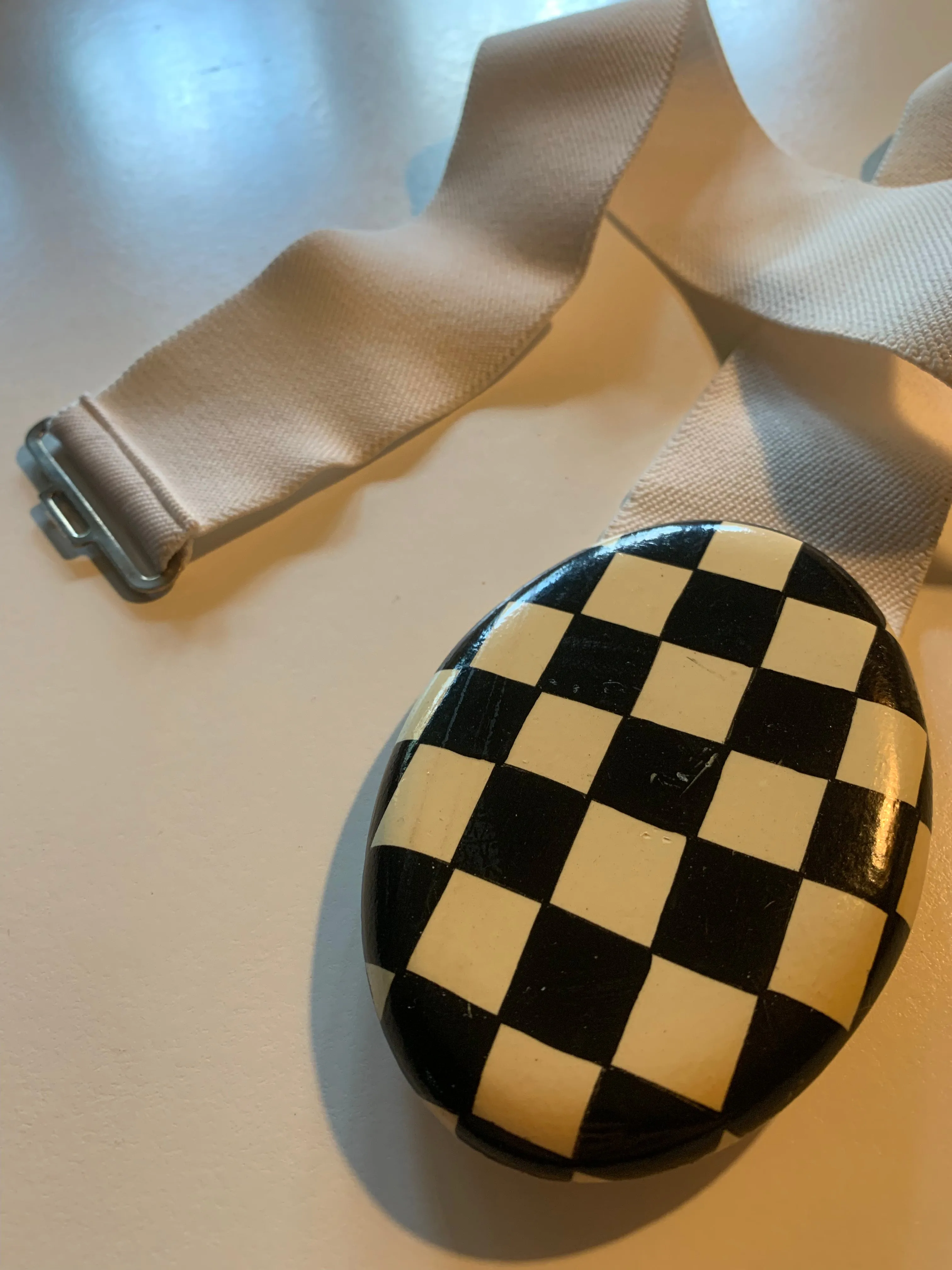 New Wave White Wide Elastic Belt Black Checkerboard Wood Clasp circa 1980s