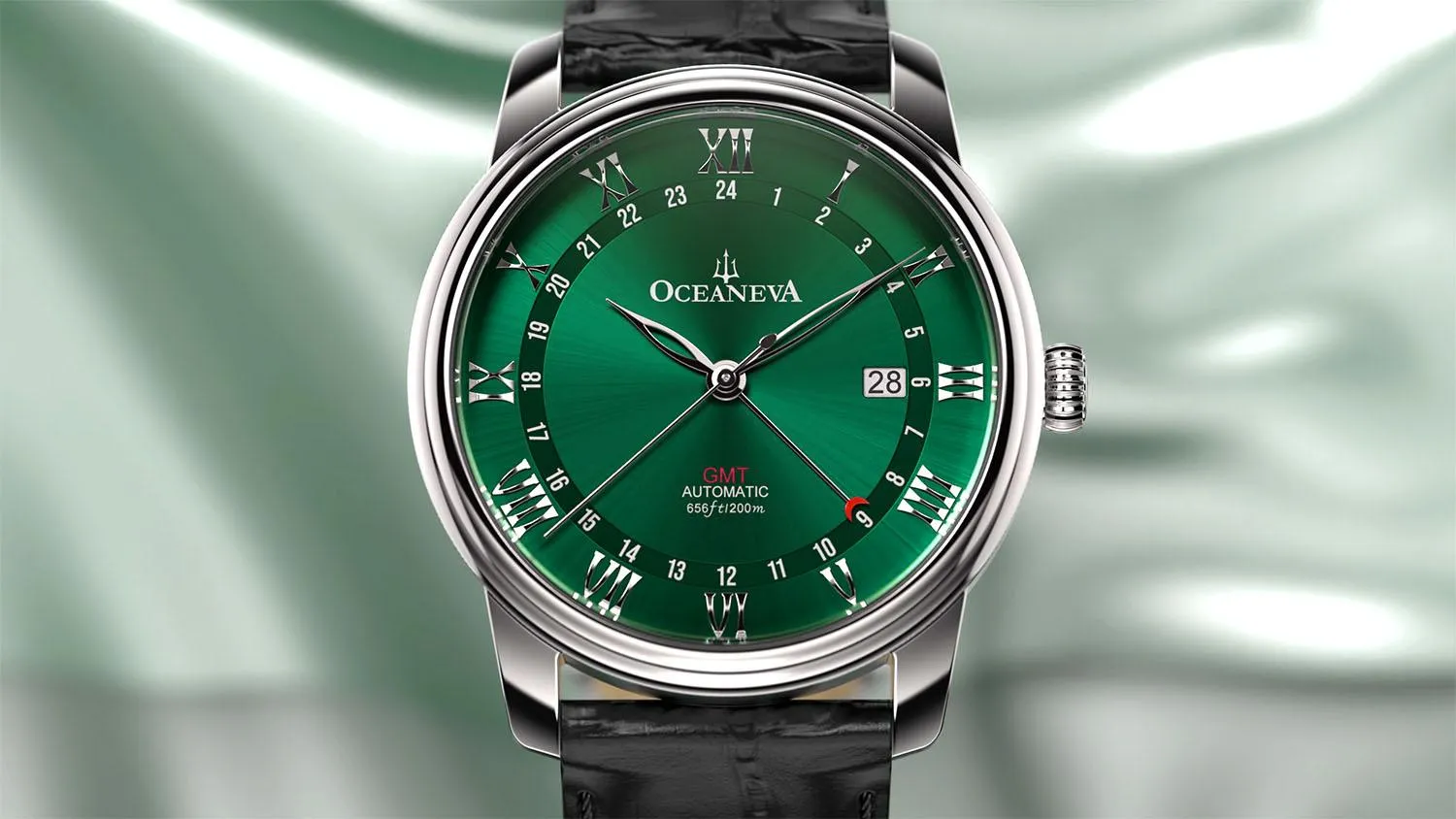 Oceaneva Men's OceanTrek GMT Automatic 200m Leather Green Watch