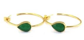 Pear-Shaped Green Onyx Gemstone Hoop Earrings 2.25”