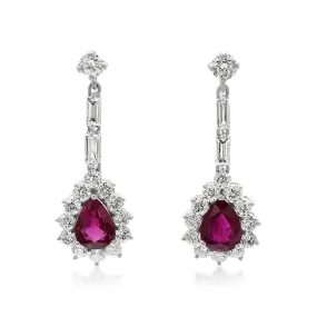 Pear Shaped Ruby & Multi Cut Diamond Drop Earrings