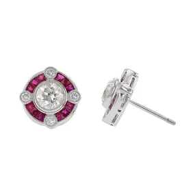 Platinum Diamond and Ruby Halo Stud Earrings
