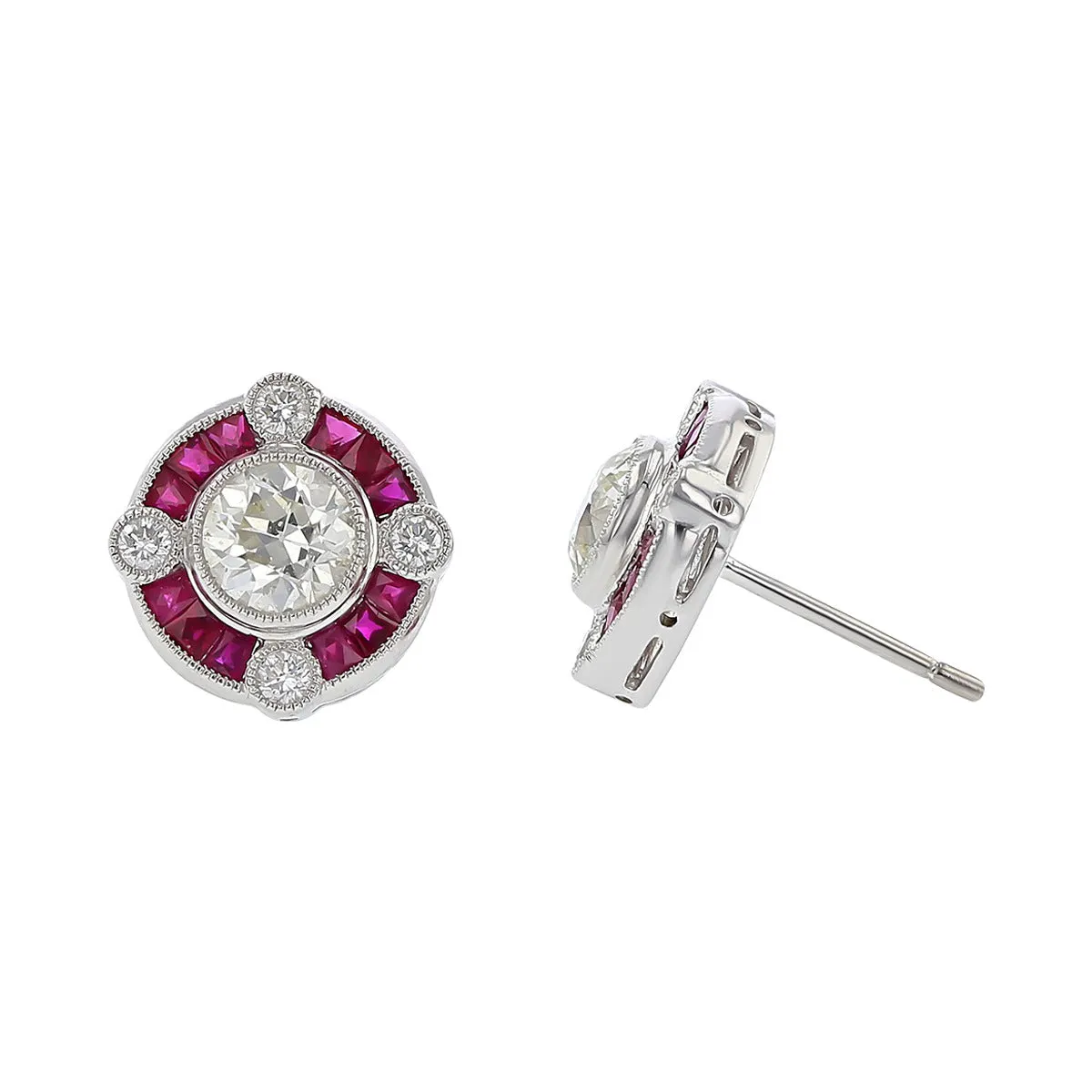 Platinum Diamond and Ruby Halo Stud Earrings