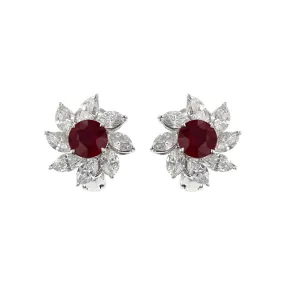 Platinum Ruby and Marquise Diamond Halo Stud Earrings