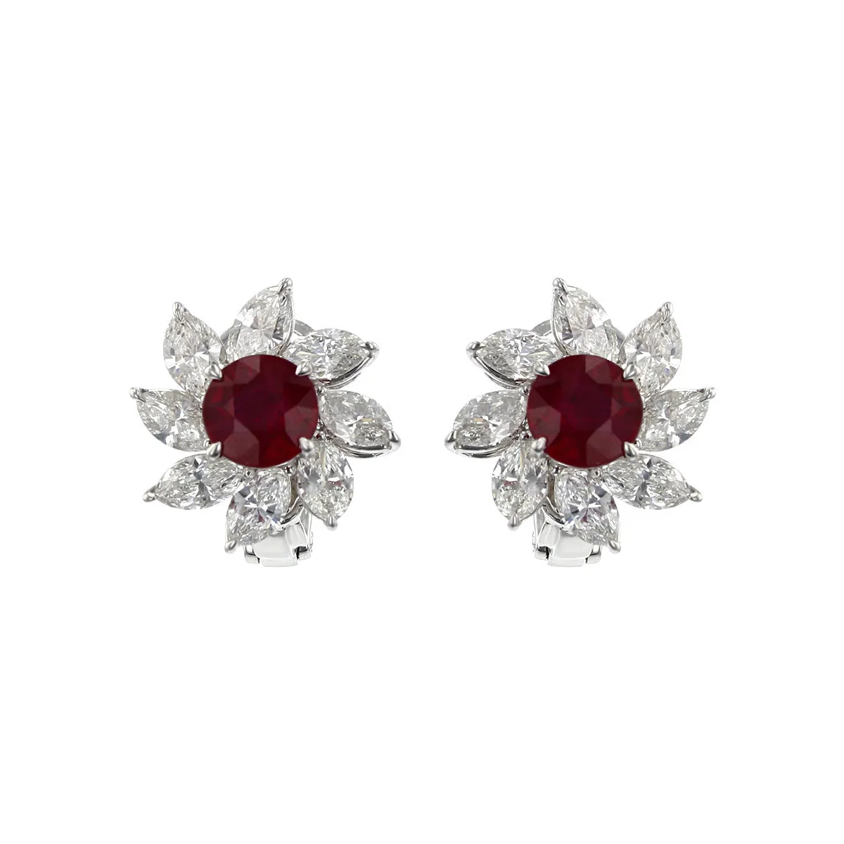 Platinum Ruby and Marquise Diamond Halo Stud Earrings